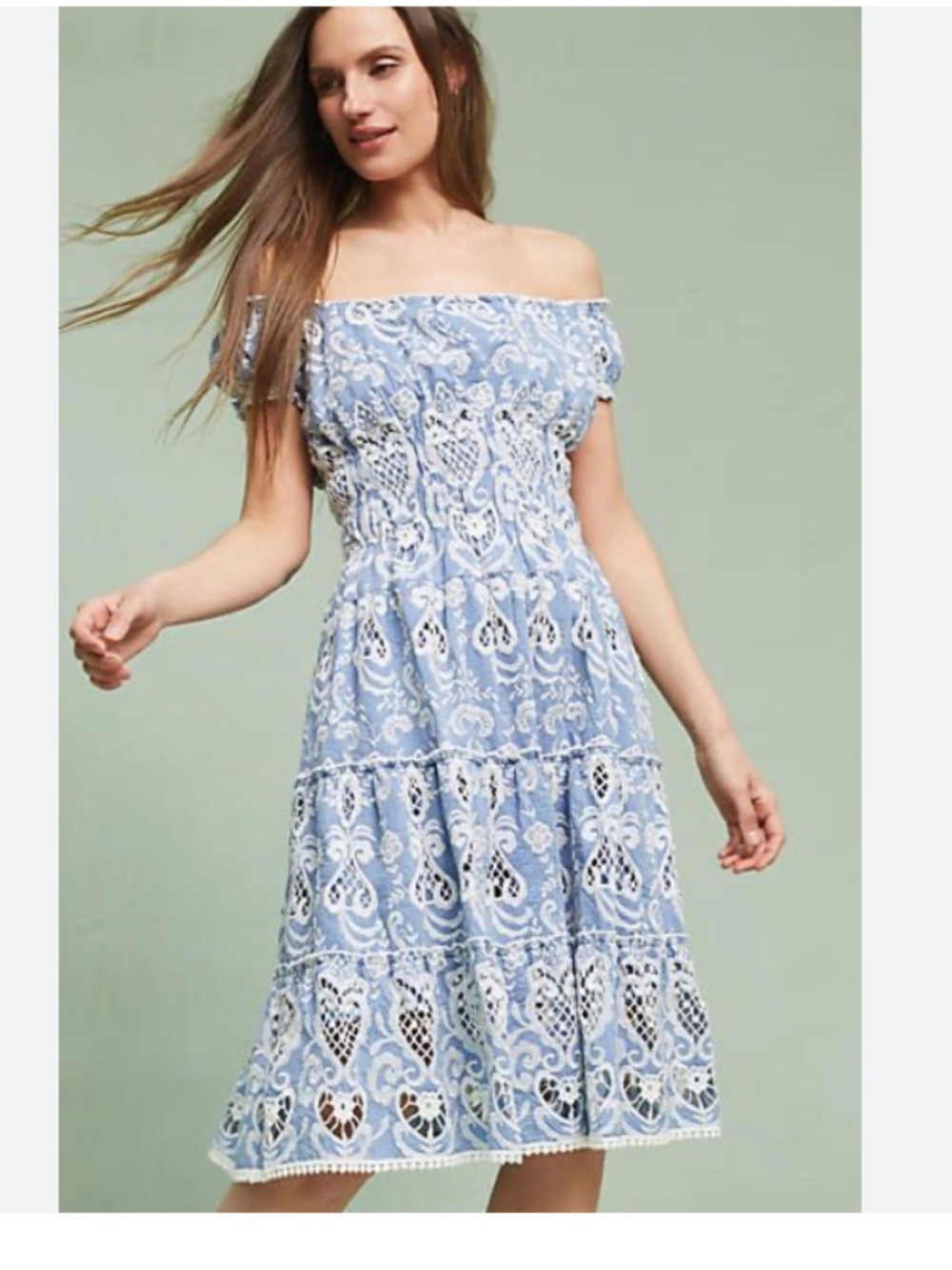 Anthropologie Payal Jain Mira Off-Shoulder Embroidered Midi Dress Size 2 Blue